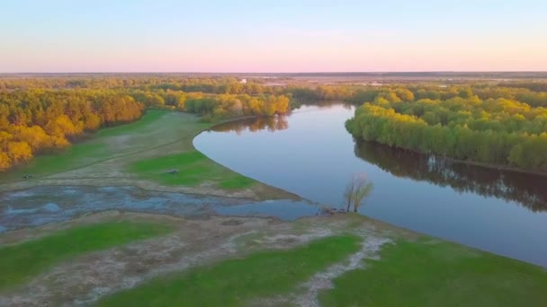 Piękny widok na malowniczą krętą rzekę otoczoną lasem o zachodzie słońca. — Wideo stockowe