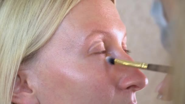 Een vrouwelijke cliënt in een schoonheidssalon doet make-up. — Stockvideo