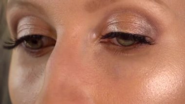 Usta pudra sürüyor, bronzlaştırıcı ve özel fırçayla genç bir model üzerinde.,