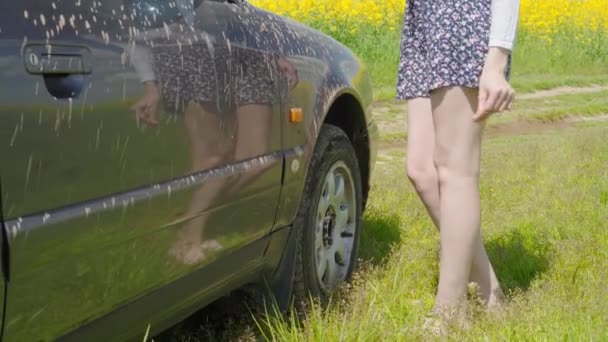 Une femme regarde seule une voiture dans un champ. La voiture est restée coincée dans la boue, — Video