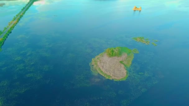 Vista aérea do lago e pequena ilha em forma de coração. Fenômenos naturais incomuns — Vídeo de Stock