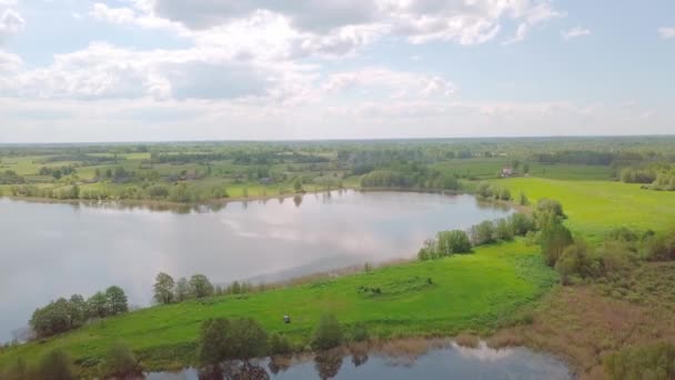 Vliegen over taiga bos meer. schilderachtige plek, groot meer omgeven bos — Stockvideo