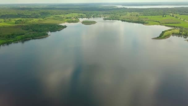 Flying over taiga forest lake. picturesque place, large lake surrounded forest — Stock Video