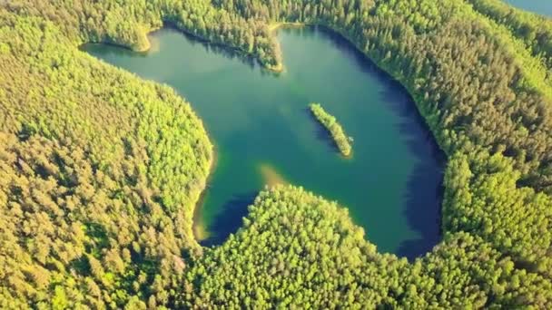 Jezioro w kształcie serca w lesie. strzał drona cudu naturalnego w środowisku naturalnym — Wideo stockowe