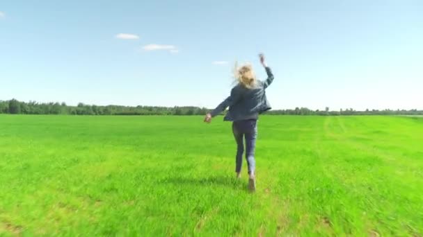 Femme danse se sentent heureux dans le paysage herbe prairie nature été — Video