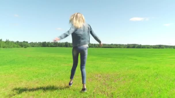 Femme danse se sentent heureux dans le paysage herbe prairie nature été — Video