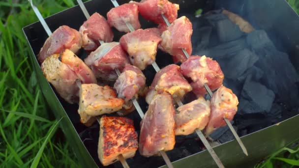 Detailní záběr vaření lahodné grilované jídlo na grilu. — Stock video