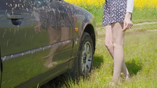 Una mujer mira a un coche en un campo solo. El coche se quedó atascado en el barro, — Vídeo de stock