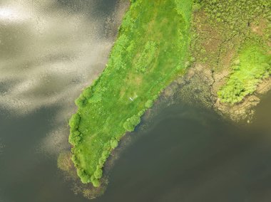 Peninsula 'nın keskin dilli kertenkele şeklindeki drone görüntüsü, güneşli bir yaz gününde gölde ejderha.