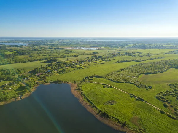 Beautiful Aerial Landscape Lake Village Drone Many Lake Islands Covered — Stock Photo, Image