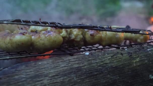 Le salsicce sono grigliate su un barbecue all'aperto. falò brucia nella foresta. — Video Stock
