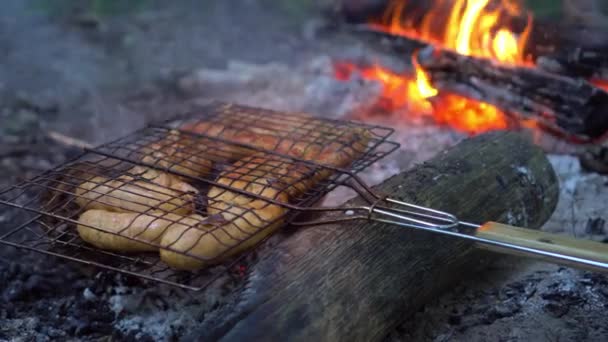 Сосиски готовятся на гриле под открытым небом. Костер горит в лесу. — стоковое видео