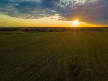 Gün batımında yeşil tarlaları ve çayırları olan güzel bir kırsal alan, insansız hava aracı manzarası. Gün batımında kırsal alan