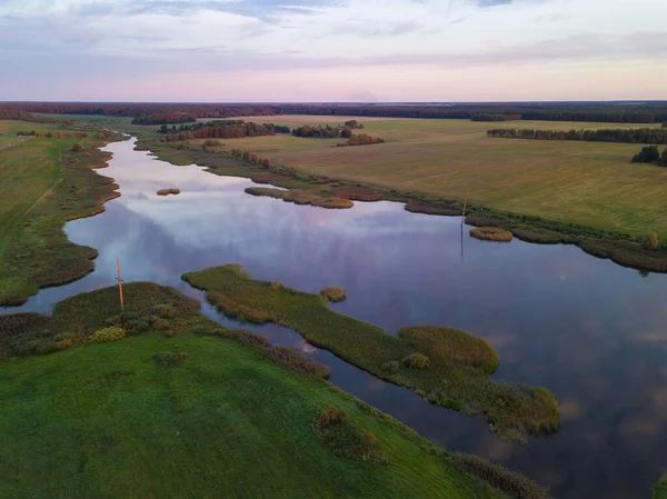 Drone View Lake Fields Forests Summer Evening — Stock Photo, Image