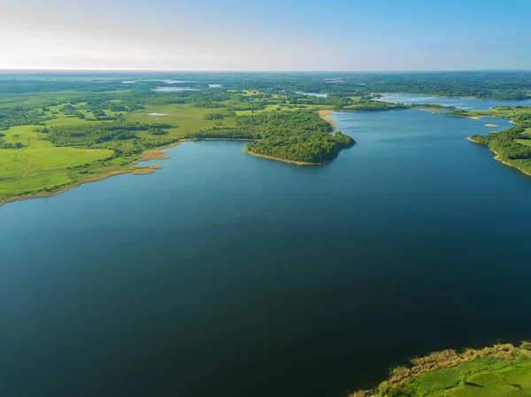 Beautiful Aerial Landscape Lake Drone Many Lake Islands Covered Forests — Stock Photo, Image