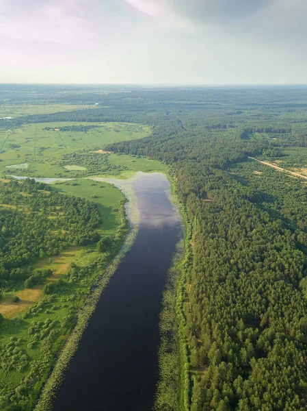 Beautiful Summer Landscape Drone Oblong Lake Forest Sky Vertical Photo — Stock Photo, Image