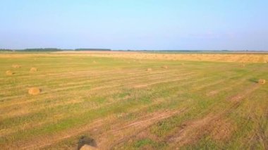 İnsansız hava aracı samanlı samanlıkların olduğu bir arazide uçuyor..