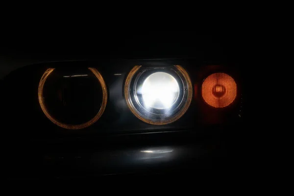 Close Orange Car Headlights Dark Night — Stock Photo, Image