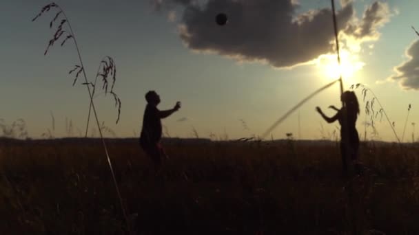 Trois jeunes gens énergiques jouent au ballon, au volley-ball au coucher du soleil sur le terrain. — Video