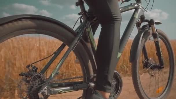 Deportiva hermosa morena comiendo en el campo en el verano en una bicicleta deportiva. — Vídeos de Stock