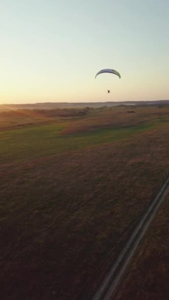 Sylwetka spadochronu lecącego nad zielonymi polami spadochronu — Wideo stockowe