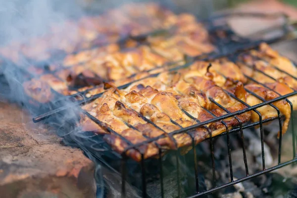 Close Carne Frango Grelhada Com Fumaça Preparado Para Jantar Família — Fotografia de Stock