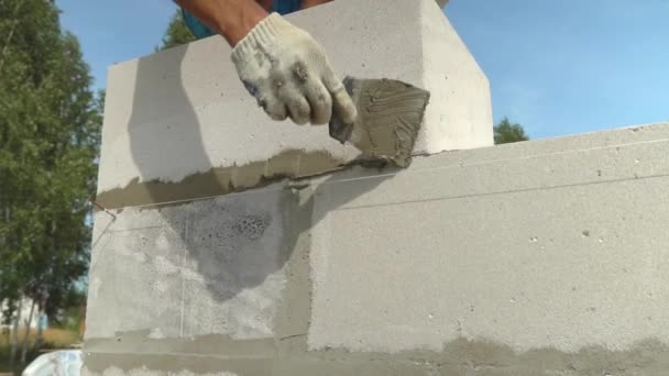 Aufbauer trägt Klebstoffzusammensetzung oder Lösung mit Spachtel auf Wandstruktur auf. — Stockvideo