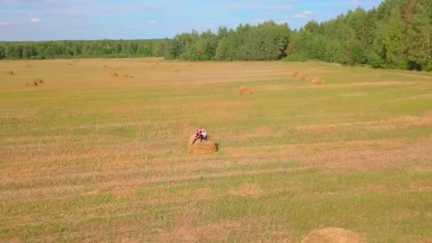 Zwei junge Mädchen sitzen auf Heuballen mitten auf dem Feld. Schießen aus Drohne — Stockvideo