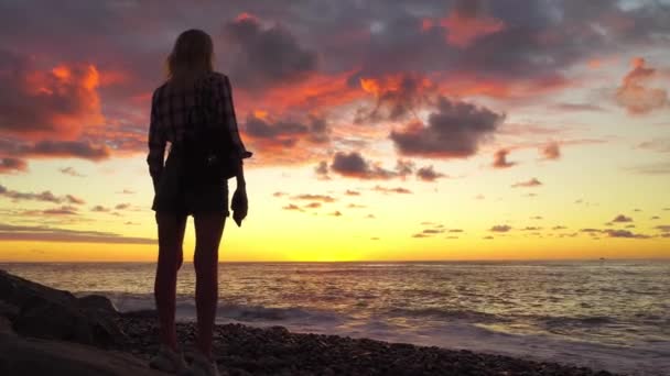 Silhouet van slanke vrouw op het strand bij mooie zonsondergang, ze staat en droomt — Stockvideo