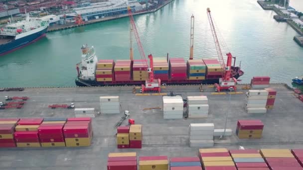 Skeppsutsikt från en drönare. Avlastning av containrar med besättning och kran i hamn — Stockvideo