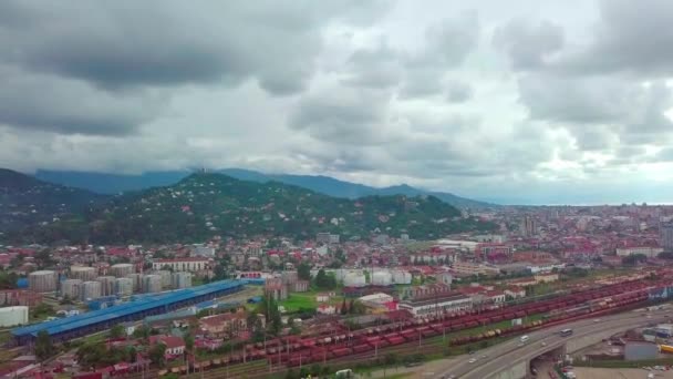 Drone, marshalling yard. there are a lot of railway cars there. depot. Trains . — Stock Video