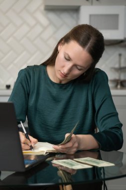 Geliri ve giderleri hesaplayan, finansla ilgilenen, nakit para sayan ve evde uzaktan çalışırken not defterine not tutan genç bir serbest çalışan. Dikey fotoğraf