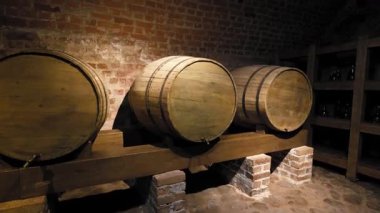 Otantik eski şarap mahzeni, kemerli tuğla duvarları ve taş zeminiyle, eski yeşil şişelerle dolu büyük bir ahşap raf ve yaşlanan alkollü içecekler için geleneksel meşe fıçısı.
