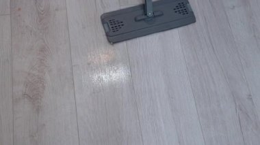 Günlük ev işleri, modern düz bir paspasın açık renkli bir lamine zemini temizlediğini, sağlıklı yaşam ve genel refah için temiz ve hijyenik bir ev ortamını koruduğunu gösteriyor.