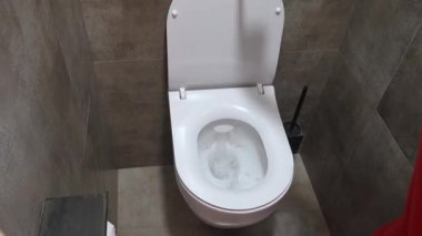 Bir insanın elinin yukarıdan aşağı görüntüsü, sifon düğmesine basıyor ve temiz beyaz seramik bir klozetin üzerine sifonu çekiyor, modern bir banyoda, gri fayanslarla, hijyen ve sağlık hizmetlerini gösteriyor.