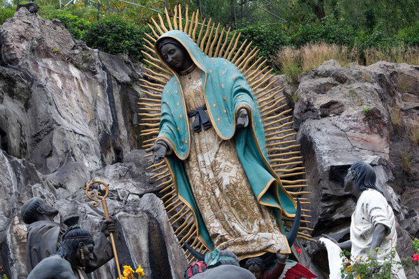 Mexico City, Mexico - October 18, 2017: Statue of Virgin Mary Appearing to Juan Diego Guadalupe