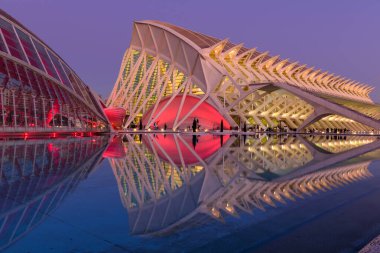 Valencia, İspanya - 5 Ocak 2020 Valencia manzarası. Sanat ve Bilim Şehri 'nin Modern Mimarisi, güzel gece manzarası.