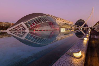 Valencia, İspanya - 5 Ocak 2020 Valencia manzarası. Sanat ve Bilim Şehri 'nin Modern Mimarisi, güzel gece manzarası.