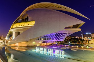 Valencia, İspanya - 5 Ocak 2020 Valencia manzarası. Sanat ve Bilim Şehri 'nin Modern Mimarisi, güzel gece manzarası.