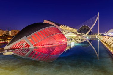 Valencia, İspanya - 5 Ocak 2020 Valencia manzarası. Sanat ve Bilim Şehri 'nin Modern Mimarisi, güzel gece manzarası.