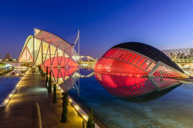 Valencia, İspanya - 5 Ocak 2020 Valencia manzarası. Sanat ve Bilim Şehri 'nin Modern Mimarisi, güzel gece manzarası.