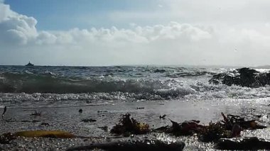 Deniz kayalık kıyı şeridine çarpar, engin kıyı dalgaları engebeli kayalık kıyı şeridi üzerinde güçlü bir şekilde dalgalanır.