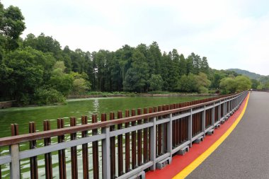Bu Çin 'de güzel bir park manzarası. Gölün üzerinde güzel ahşap bir köprü var.