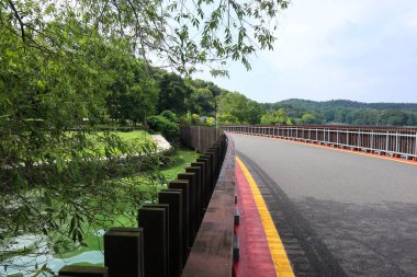 Bu Çin 'de güzel bir park manzarası. Gölün üzerinde güzel ahşap bir köprü var.