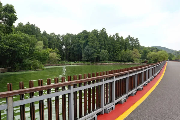 Bu Çin 'de güzel bir park manzarası. Gölün üzerinde güzel ahşap bir köprü var.