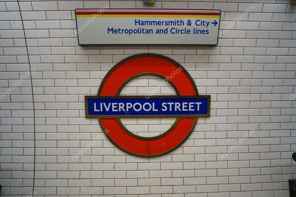 Underground Liverpool Street station in London. The London Underground is the oldest underground railway in the world covering 402 km of tracks.