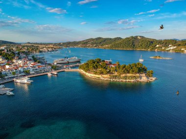 Aerial panoramic view over Chora town in Skiathos island, Sporades, Magnesia, Greece. clipart