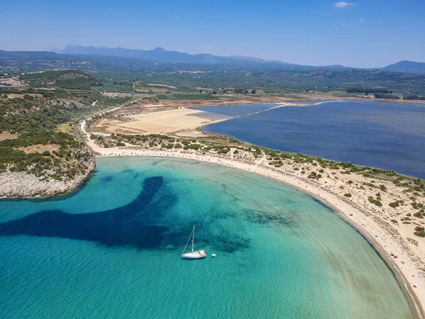 Vista Panorámica Aérea Famosa Playa Arena Semicircular Laguna Voidokilia Una — Foto de Stock