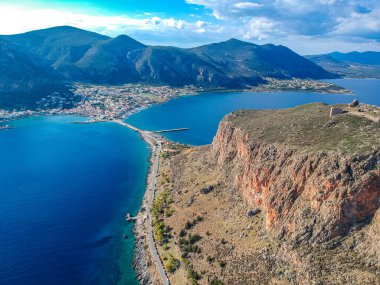 Aerial view of the old medieval castle town of Monemvasia in Lakonia of Peloponnese, Greece. Monemvasia is often called 
