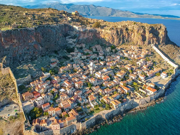 Vista Aérea Cidade Velha Castelo Medieval Monemvasia Lakonia Peloponnese Greece — Fotografia de Stock